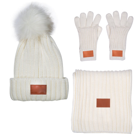 Leeman™ 3 Piece Rib Knit Fur Pom Winter Set