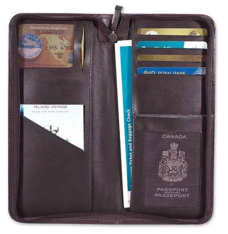 Passport/Ticket Holder with zipper brown genuine smooth nappa leather