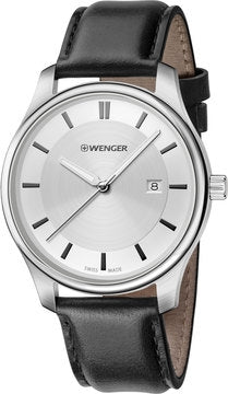 City Classic White Metallic Dial Black Leather Strap Watch