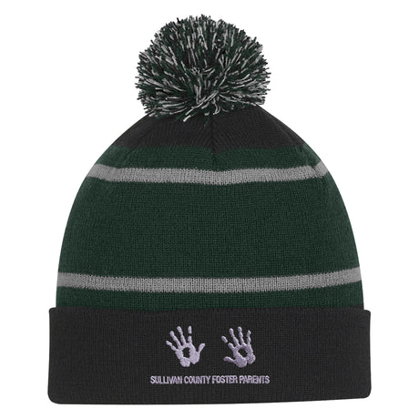 Tri-tone Striped Pom Beanie With Cuff