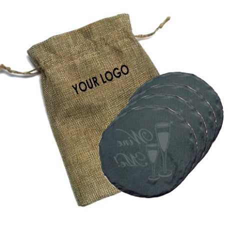 Round Slate Coaster (Set Of 4) In Burlap Bag