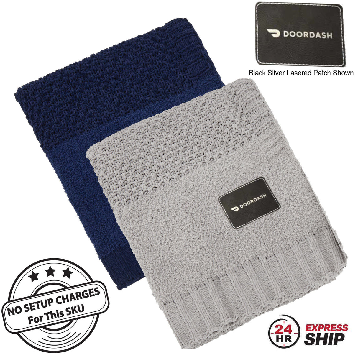 24 Hr Express Ship - Crochet Knit Blanket, 50x60, with Lasered logo patch, NO SETUP CHARGE