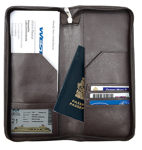 Passport & Ticket Holder with Zipper brown top grain milled nappa leather