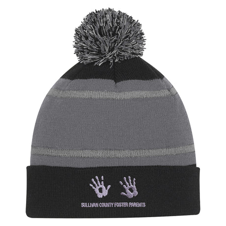 Tri-tone Striped Pom Beanie With Cuff