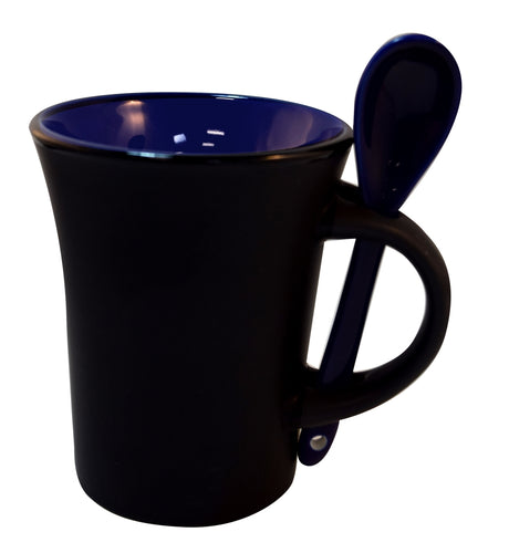 Hilo 10oz ceramic mug matte black with glossy cobalt interior, cobalt spoon