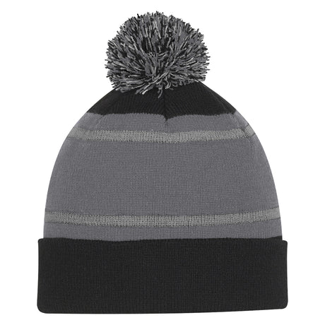 Tri-tone Striped Pom Beanie With Cuff