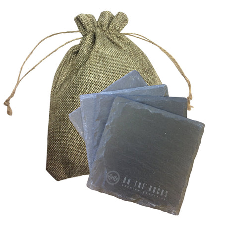 Square Slate Coaster (Set Of 4) In Burlap Bag