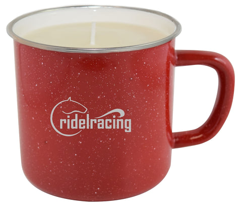 Happy Camper Candle, enamel mug w/SS rim red with Citronella wax fill